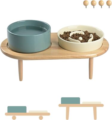 Набір керамічних мисок для собак та котів SpunkyJunky: миска проти запобігання ковтання + підставка з бамбука (Бежевий + Темно-зелений), Ø15.5 см