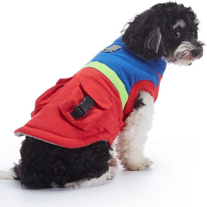 Тепла водовідштовхувальна куртка для собак маленьких та середніх порід. Зігріваючий зимовий одяг для собак з отвором для повідка та кишенями, світловідбиваюча (червоний, синій, S)