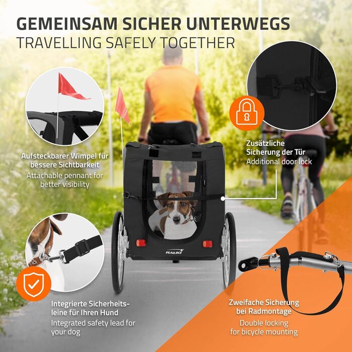 Фаркоп-причіп для велосипеда 2в1 Hauki: собачий візок та причіп, чорно-сірий, 130x72x90 см, для собак до 40 кг, з відбивачами, мотузкою та прапорцем