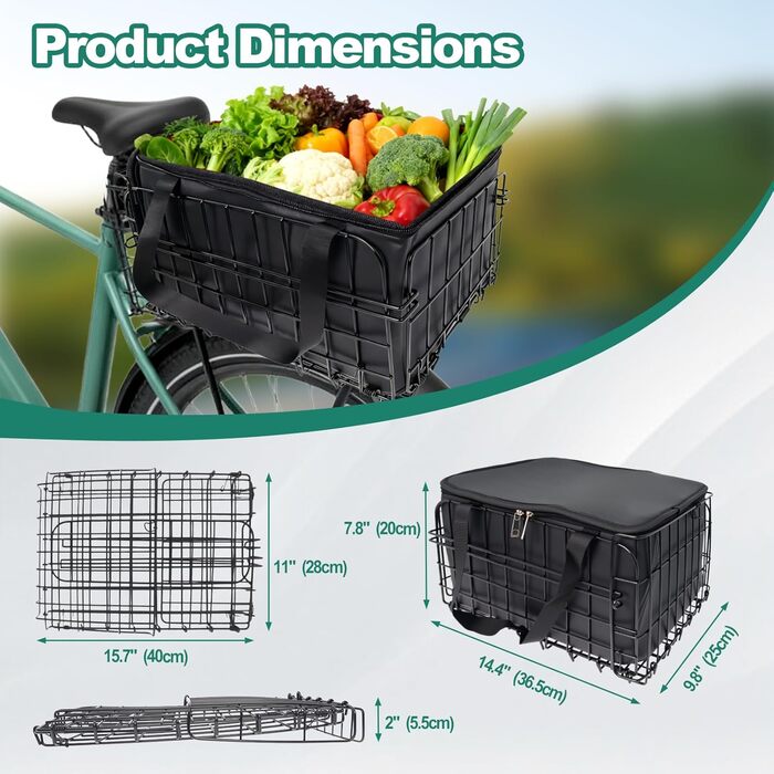 Задній знімний кошик для велосипеда, металевий складний багажник, вантажопідйомність 22 кг, кошик для перевезення тварин та продуктів, з внутрішньою кишенею, універсальний тримач для велосипедів та електровелосипедів