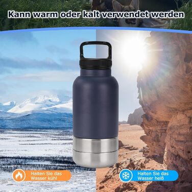 Фляга для собак на прогулянку 1000мл 3-в-1 з мисками для води та корму, ізольована сталева фляга для собак, темно-синій, 7 дюймів