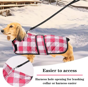 Водонепроникний собачий плащ Geyecete для такс, зимовий, з флісовою підкладкою, регульований, для вулиці, розмір M (довжина спини 42-45 см), в клітинку, рожевий