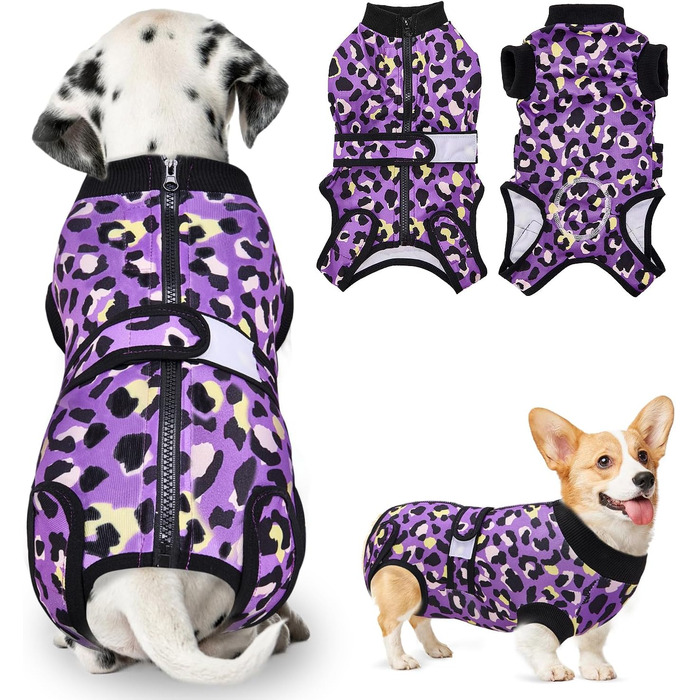 Комбінезон для собак після операції, м'який, дихаючий, захист від лизання, комбінезон з блискавкою, альтернатива електронного нашийника, для собак після кастрації (леопардовий принт, фіолетовий, розмір S)