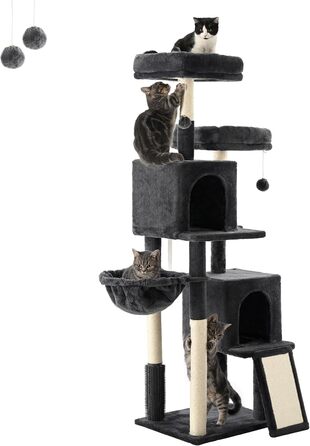 Котячий дряпак FourFurPets 156 см для дому з сизалевою драбиною, двома платформами, двома будиночками, гамаком і плюшевими м’ячиками, димчасто-сірий