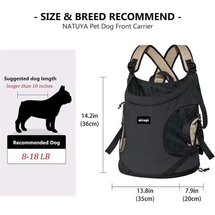 NATUYA Сумка-переноска для собак, переноска для тварин з м'яким дном, 2 кишені на блискавці, для подорожей, хаджінгу, переноска для собак з переднім доступом (Сірий)