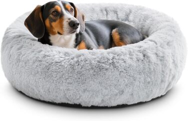 Кругле ліжко для собак O·Lankeji з плюшевого хутра, знімний кошик, для котів та собак, неслизьке дно, для маленьких, середніх та великих собак, сірий колір, M-діаметр 60 см