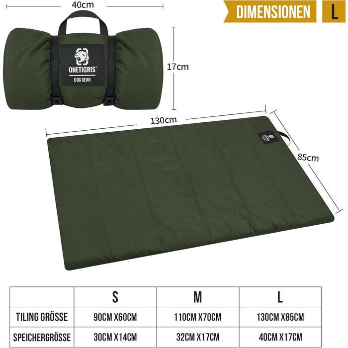 OneTigris килимок для собак 130 x 85 см, водонепроникний, м'який, для подорожей, кемпінгу, відпочинку на вулиці - оливковий, L 130 x 85 x 2 см