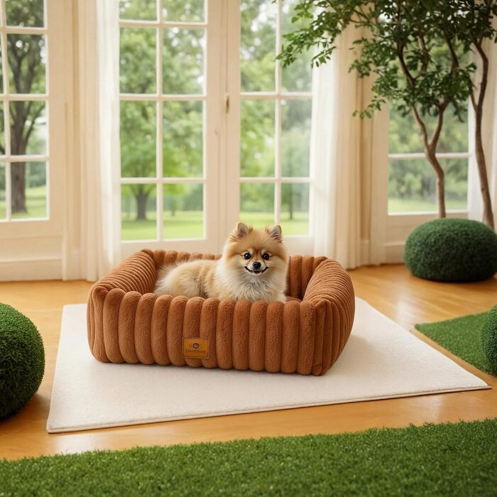 М'яке собаче ліжко для середніх порід, зручне та миється, прямокутне, з неслизьким покриттям, коричневе, розмір M (63x53x18 см)
