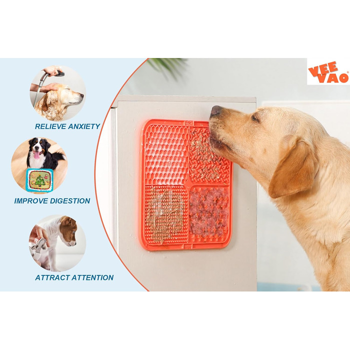 Килимок для собак великих порід VEEVAO XL, 30,5 x 25,4 см, силікон харчового класу, з присосками, для заспокоєння, проти нудьги, колір кораловий
