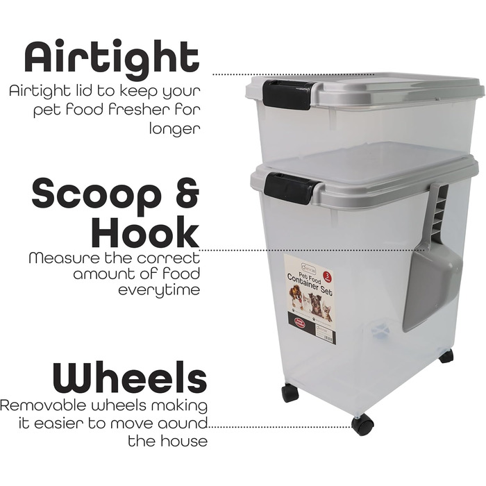 DIVCHI Контейнер для зберігання корму для тварин 3в1 з мірною ложкою, сірий. Підходить для собак, котів та інших тварин. Герметичний, з роликами, для сухого корму