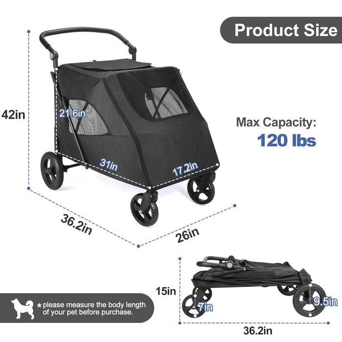 Візок для собак великих порід, подвійна ємність, візок-кі коляска для собак та дітей, складний, на 4 колесах (P04CX-Schwarz)