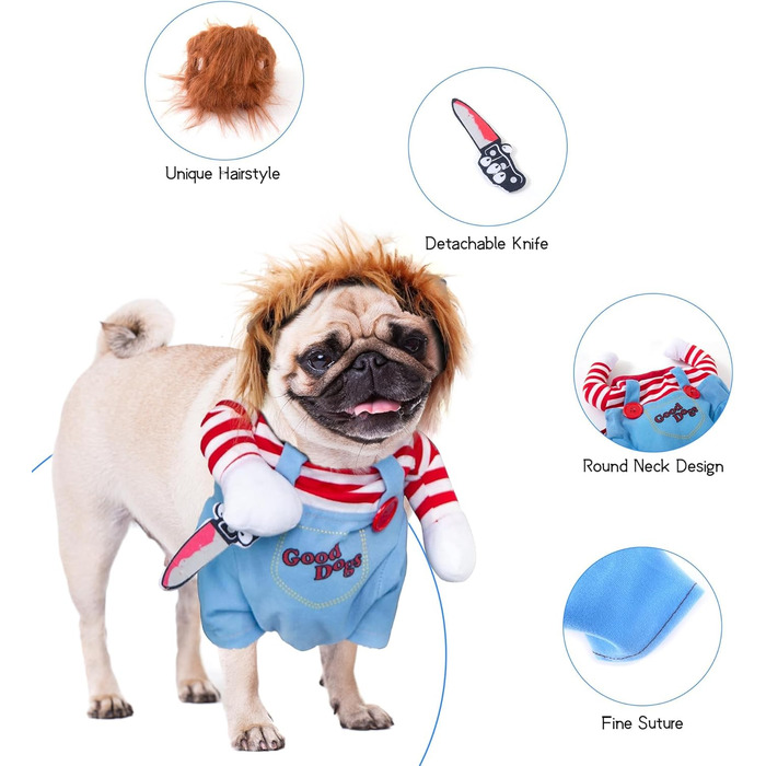 Костюм на Хелловін для собак - Чакі, костюм для собак, лялька-вбивця, веселий одяг для собак, регульований, косплей, костюм для маленьких, середніх собак, великий, синій