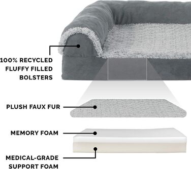 Ліжко для собак Furhaven XXL з ортопедичним матрацом Memory Foam, двоколірний штучний хутро та замша, Г-подібний диван, знімний і праний чохол, сірий, розмір Jumbo Plus (XXL)