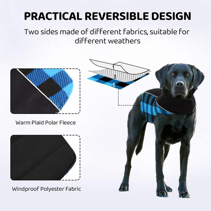 Теплий зимовий одяг для собак, куртка для собак з захистом живота, зимова куртка для собак зі світловідбиваючими елементами, двостороння куртка для собак, одяг для собак з отвором для шлейки, блакитна, розмір S