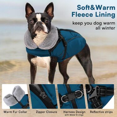Зимовий теплий водонепроникний одяг для собак Queenmore, куртка для собак з шлейкою, 3-шаровий, світловідбиваючий, для великих порід (Лабрадор, Хаскі, Голден Ретрівер) (2XL) (XS, Коеліновий блакитний)
