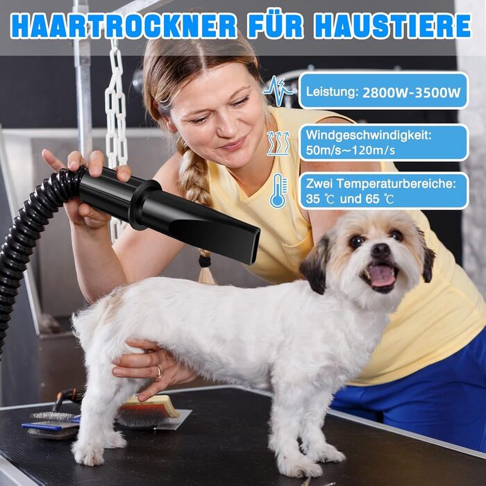 Сушарка для собак 3500W, тиха, професійна, з 4 насадками, для грумінгу та догляду за тваринами
