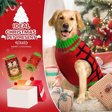 Теплий святковий пуловер для собак з отвором для шлейки, червоний в клітинку, олень. Підходить для малих, середніх та великих собак, котів. Ідеальний для осені та зими.