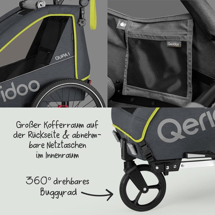Причіп для велосипеда Qeridoo QUPA 1 з листковою підвіскою, складною кабіною, розширюваним сидінням, візок-причіп, регульована ручка, 5-точкова система ременів безпеки, для 1 дитини (Lime)