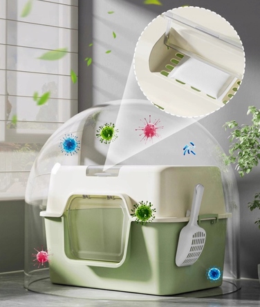 Закритий туалет для котів сірого кольору з лопаткою