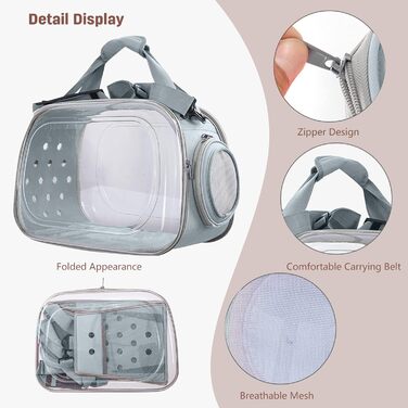 Транспортна переноска для собак та котів PETCUTE, складана та миється, сумка-переноска для кота/маленької собаки, переноска з плечовим ременем, зручна ручка, для подорожей літаком (сіра)