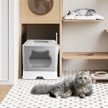 Великий складаний туалет для котів Trintion з кришкою, висувним лотком і совком, закритий, з високими бортами, переднім входом