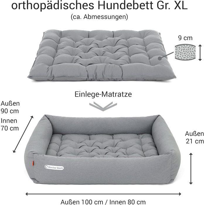 Ортопедичне ліжко для собак Doctor Bark - великі породи, XL (100x90 см), світло-сіре, знімний чохол, миється до 95°C