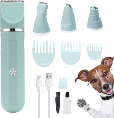Триммер для собак - набір для догляду за шерстю 4-в-1, акумуляторний, регульовані ножиці для цуценят, зелений