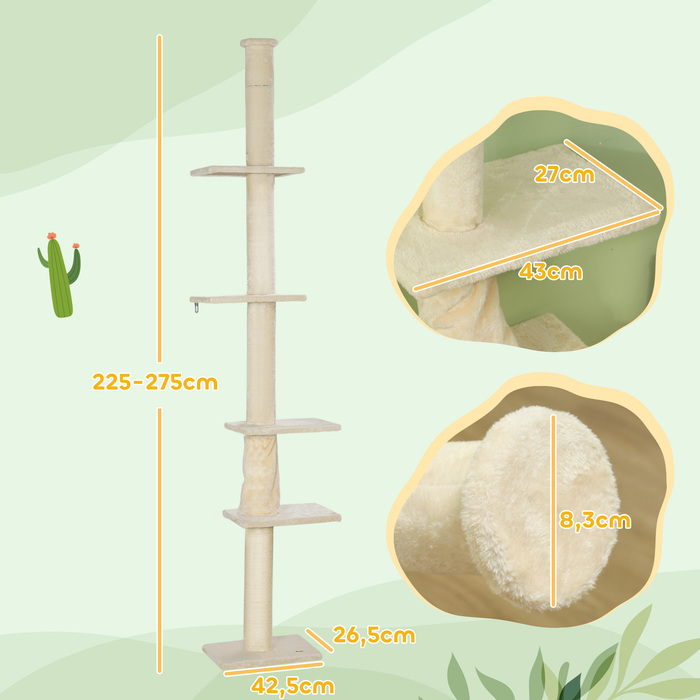 PawHut Драбина для котів, регульована висота 225-275 см, стійка основа, захист від перекидання, покриття з м'якого плюшу, кремово-білий