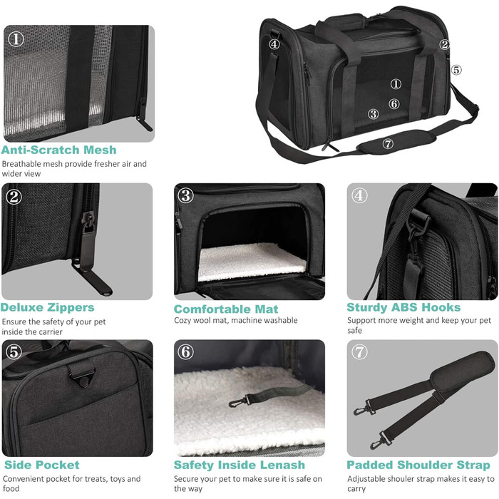 Транспортна сумка для кота/собаки PETCUTE, чорна, L, з підкладкою та плечовим ременем