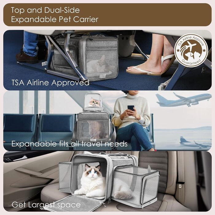 Розширювана сумка-переноска для собак та котів TSA Airline Approved (сіра, L 46x28x28 см) з самоблокуючими застібками для цуценят, кошенят та гризунів