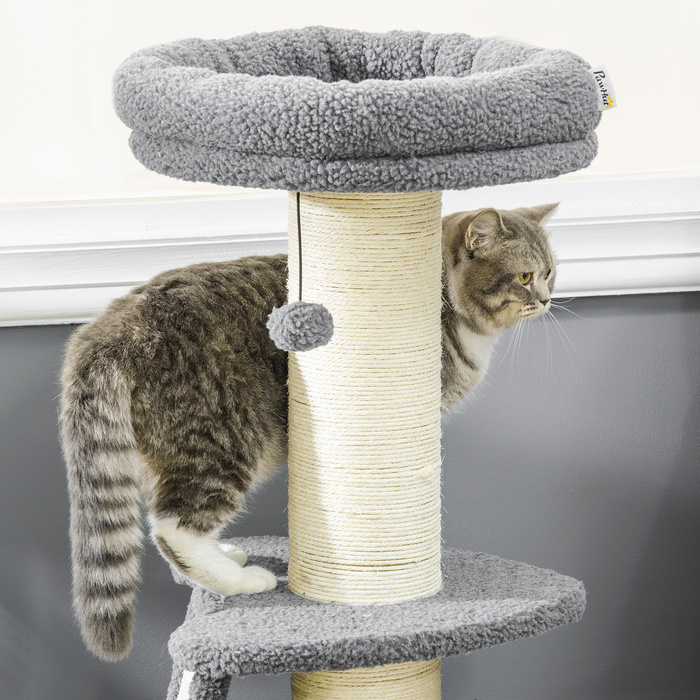 PawHut Cat Tree Велике 92 см Котяче дерево з імітацією баранячої шкіри, дряпаючим стеблом, платформою та ігровим м'ячем, темно-сіро-кремово-біле