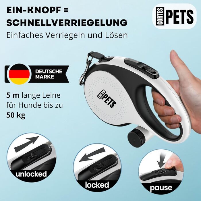 Висувна поводок для собак CORTESPETS® 5м - для малих та великих собак до 50 кг - високоякісна роликова поводок з зручним ручним захопленням (білий, L, 5м, до 50кг)