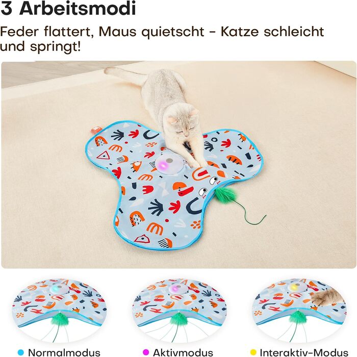 Інтерактивна іграшка для котів Potaroma з автоматичною подачею пір'я - перезаряджувана, з датчиком дотику та звуком миші, ідеальна для активних котів, з квітковим покриттям