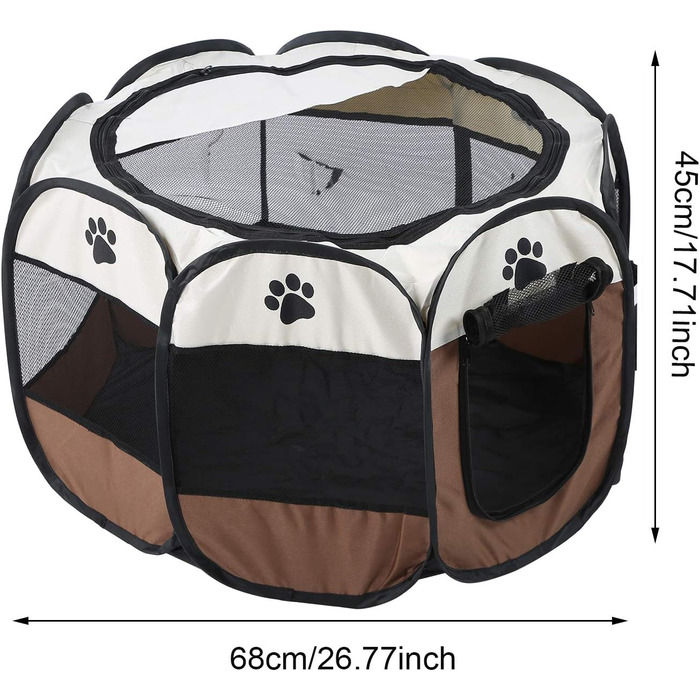 Складане зоо-намет для тварин 8-секційний з бічною сіткою – вольєр для домашніх тварин з блискавками для використання в приміщенні та на вулиці, для подорожей, кемпінгу 68 x 45 см (колір кава)