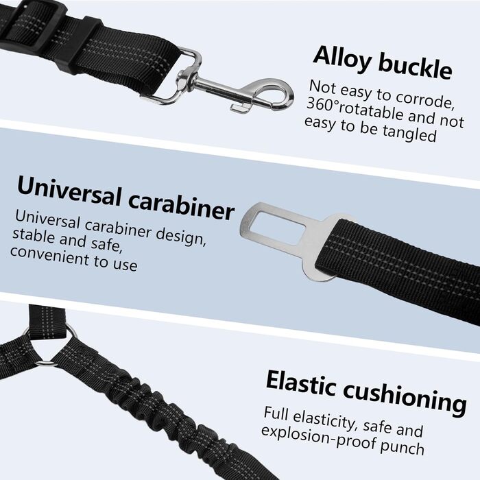 Ремінь безпеки для собак у машину, подвійний, еластичний, регульований з амортизатором та карабіном для маленьких та середніх собак (чорний)