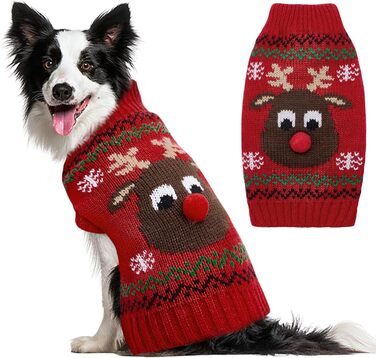 Пуловер для собак SlowTon на Різдво з оленем - теплий зимовий костюм для маленьких та середніх собак, червоно-білий (M)