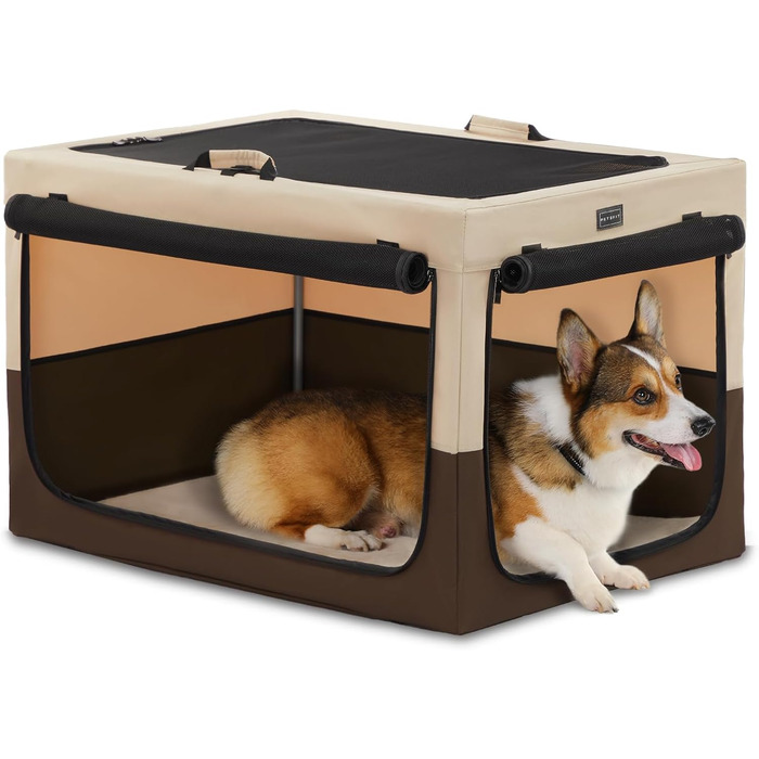 Складаний контейнер Petsfit для великих собак, домашній транспортний бокс, регульований дизайн, сітчасті вікна, розмір L (76×50×49 см), колір кава