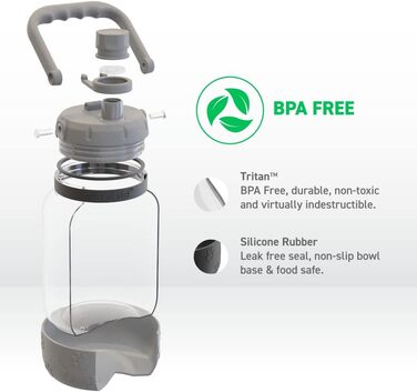 Asobu Barkley - Поїлка з мискою для собак, 1 л, Tritan, сіра | Для піших прогулянок, спорту та фітнесу