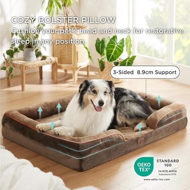 Ортопедичне ліжко для собак BEDSURE - 122x89 см. М'яке ліжко-софа для великих собак з ефектною формою, зручне та миється, нековзне, коричневе. Розміри: 122 x 89 x 20 см.