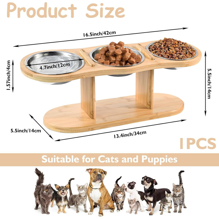 Підвищена годівниця для котів LEKEFETO з 3 мисками з нержавіючої сталі, регульована висота, дерев'яний підставник, годівниця та миска для води для котів та маленьких собак