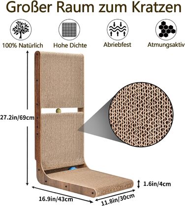 Кігтеточка для котів L-подібна з іграшкою, з картону, 69 см