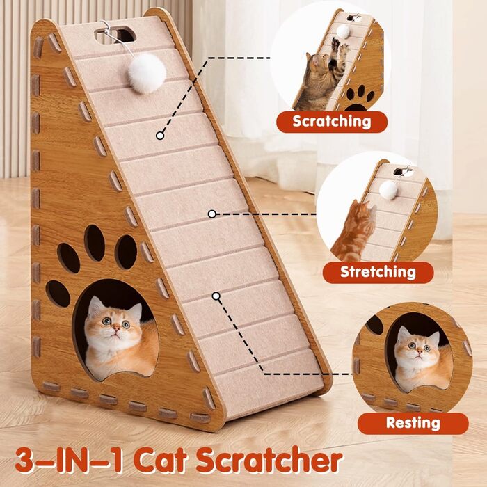 Кігтеточка для котів 3-в-1: дерев'яно-фетрова стінка, ліжко, пандус та іграшки, коричнева