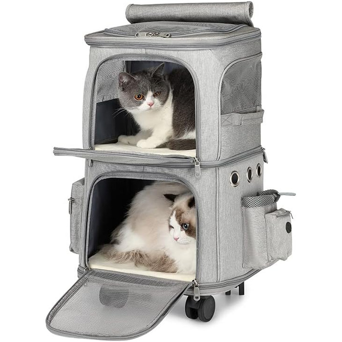 Рюкзак-переноска для кота та собаки з двома відділеннями та знімними колесами (сірий)