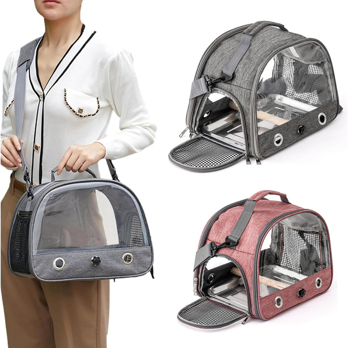 Транспортна сумка для папуг: рюкзак-переноска з підставкою та підносом з нержавіючої сталі, для малих птахів (рожевий)