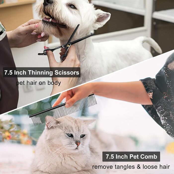 Набір професійних ножиць для грумінгу собак CIICII 10-в-1 з безпечними закругленими кінцями (для собак, котів, тварин). Підходить для стрижки, прорізування та формування шерсті. Срібно-чорний колір.