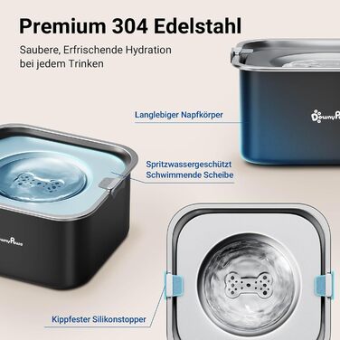 Миска для собак DownyPaws 3L без розбризкування, з нержавіючої сталі 304, чорна. Підходить для дому та вулиці, запобігає розбризкуванню та підтримує чистоту.