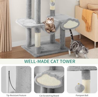 Кігтеточка YITAHOME XXL для котів, 142 см, сірий, з 8 стовпів з сизалю, 3 платформи, 2 печери, гамак, іграшки, кігтешкребок, крізьбаум