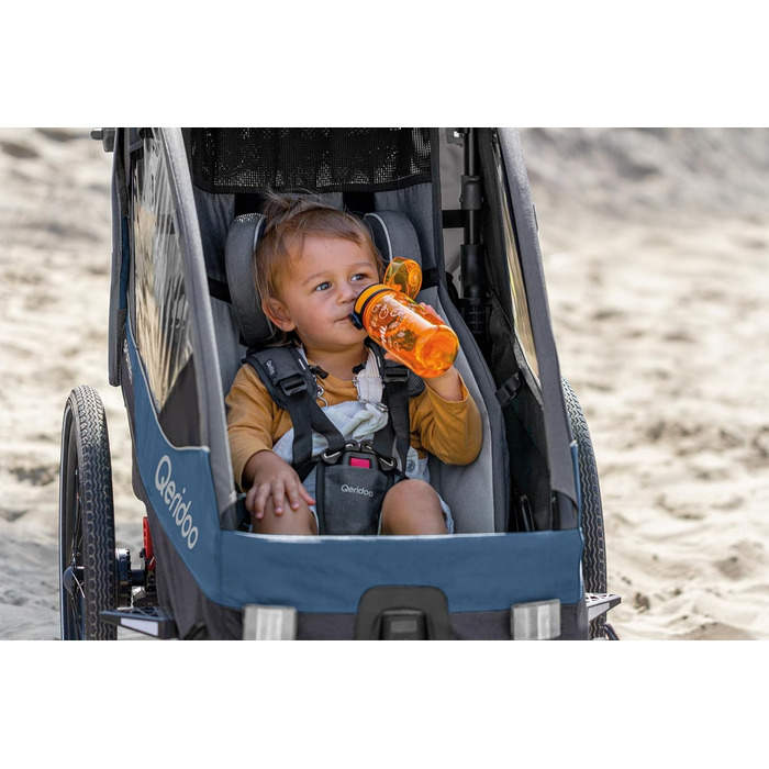 Qeridoo Sportrex 2 Limited Edition Jeans Blue: Дитячий велопричіп для 2 дітей, 360° обертове колесо, захист голови