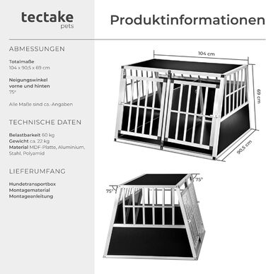 Транспортна переноска для собак tectake® - алюмінієва переноска для авто та дому, 104 x 90,5 x 69 см, з перегородкою, Double