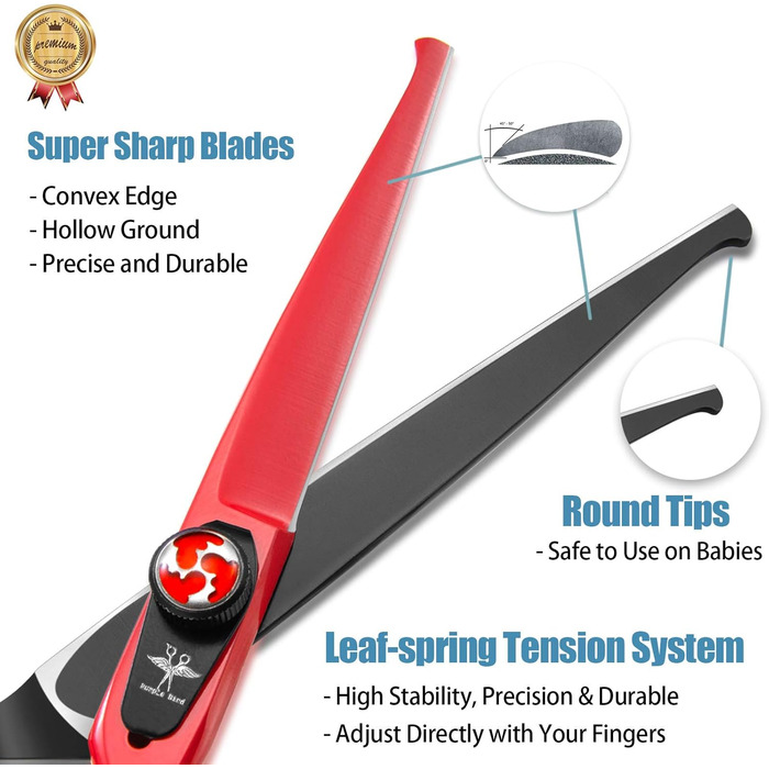 Професійна перукарська ножиця PURPLEBIRD 6 дюймів з нержавіючої сталі, безпечні закруглені кінчики, для дітей та початківців, ідеальний зріз вдома. Червоний